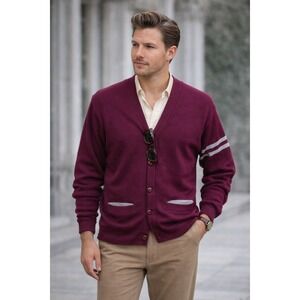 Vintage Cardigan Men M Burgundy Wool Letterman Sweater Varsity Academia Vintage